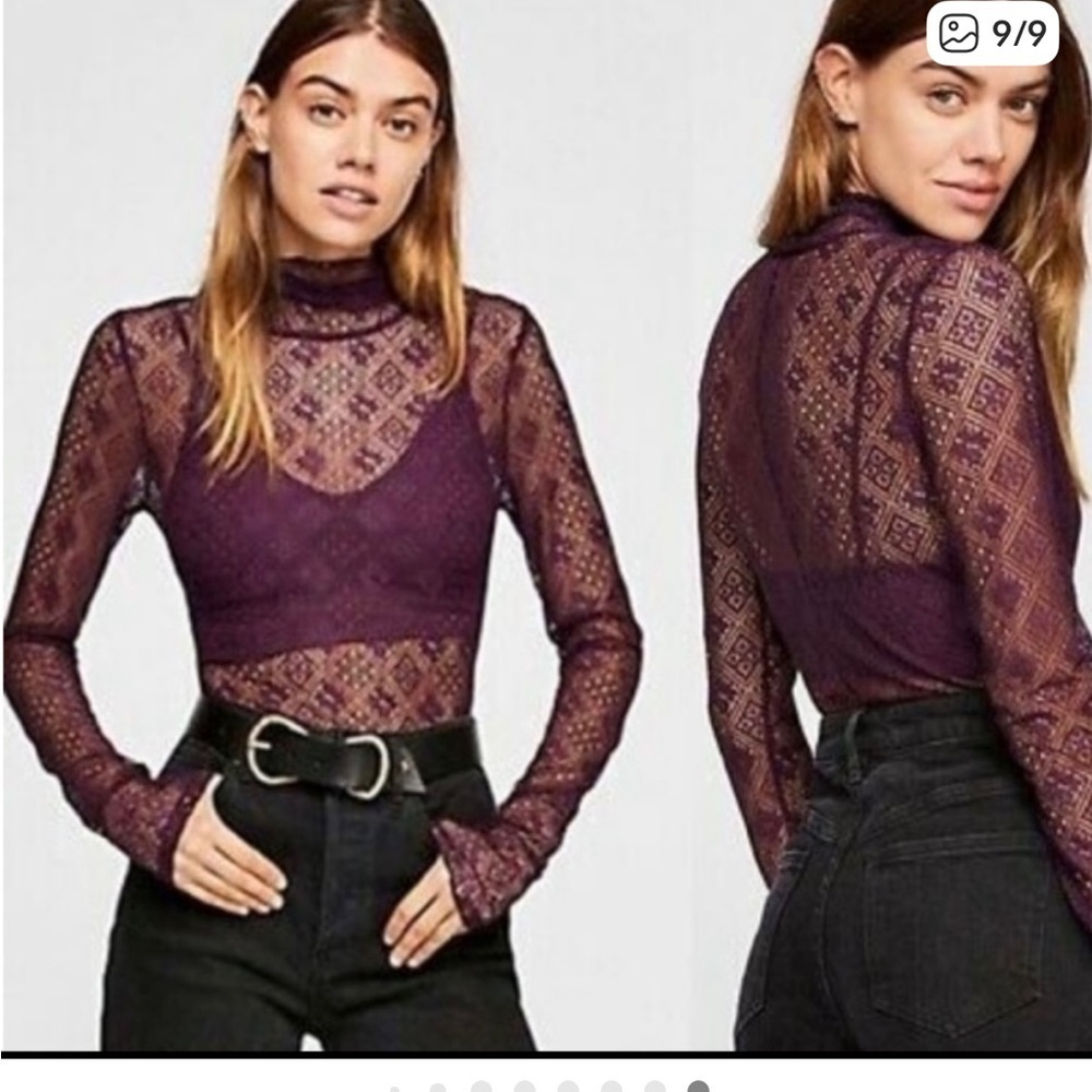 Free People Top Sweet Memories Lace Turtleneck Plum Large EUC